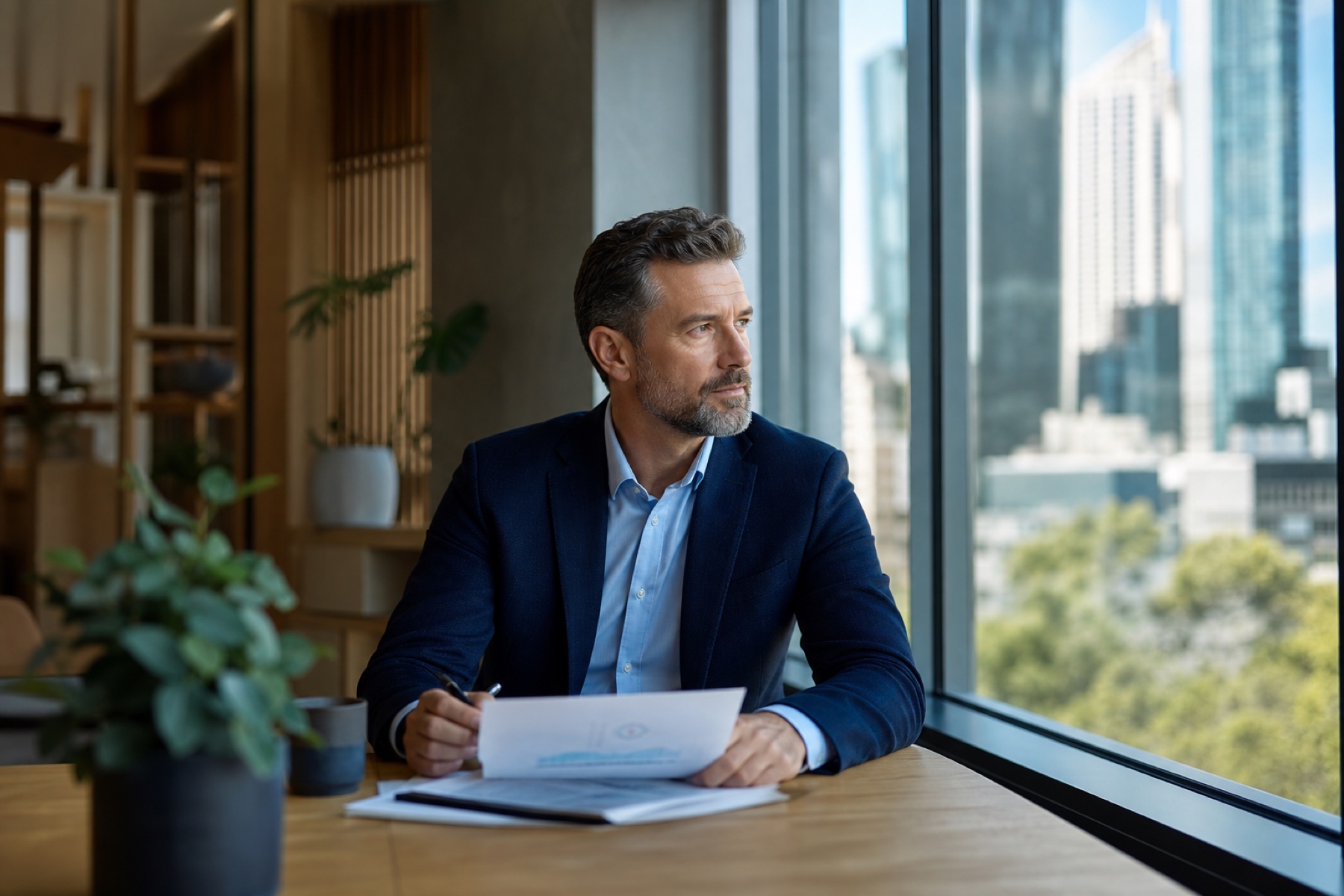 Professional reflecting on business performance and decision-making